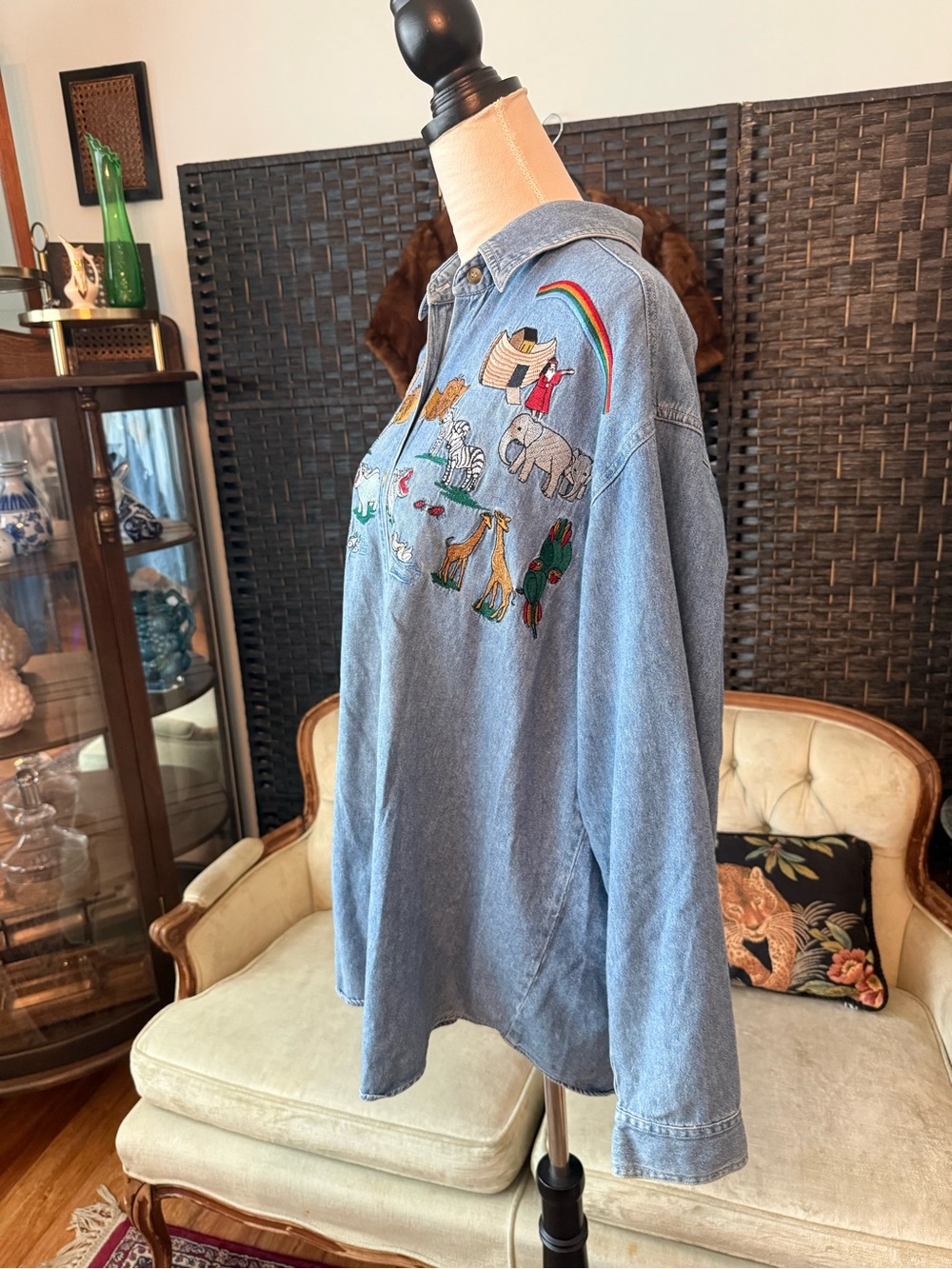 🌈🦁 Vintage Carolina Colours Noah’s Ark Embroidered Denim Shirt XL - Picture 4 of 12